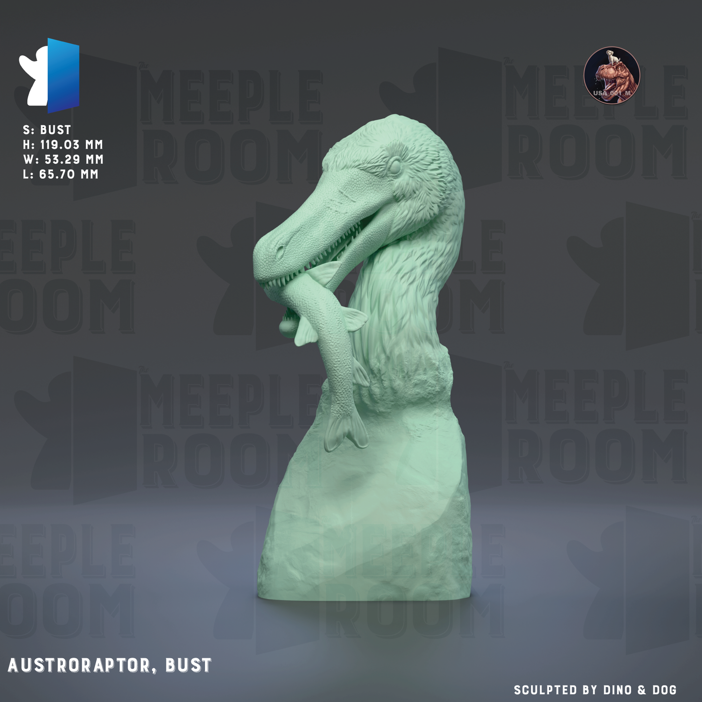 a bust of an AUSTROAPOR, BUST, a dinosaur that lived during the Late Cretaceous period. The bust is made of a light green material and is displayed against a dark gray background.