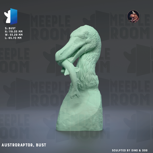 a bust of an AUSTROAPOR, BUST, a dinosaur that lived during the Late Cretaceous period. The bust is made of a light green material and is displayed against a dark gray background.