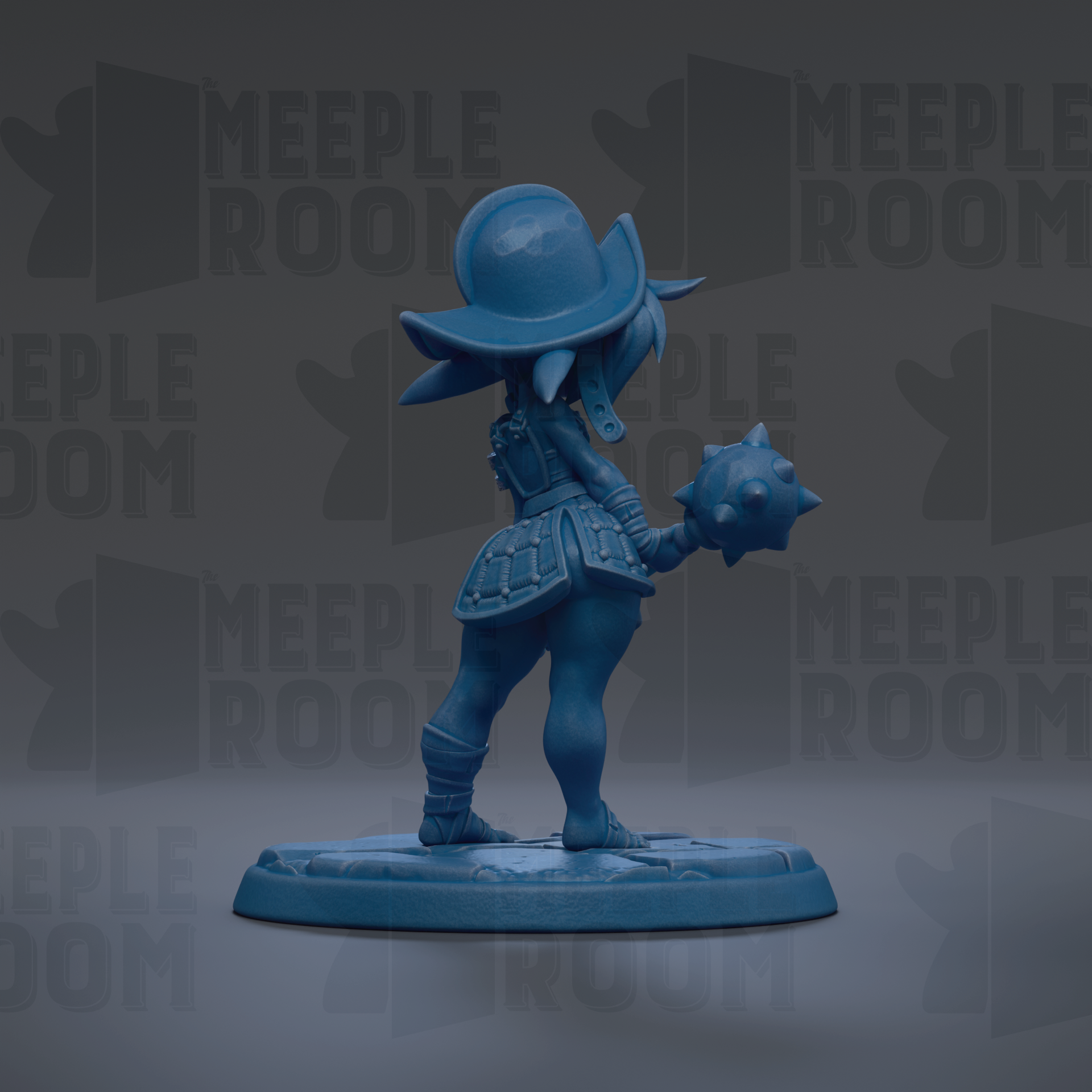 A blue figurine of a character with a hat and spikes, standing on a base and holding a weapon.