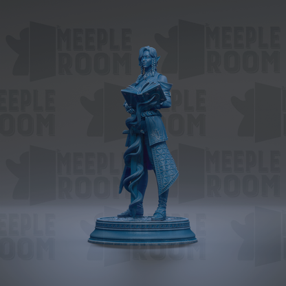 A blue statue of a woman holding a book and standing on a pedestal against a dark background with repeated text.
