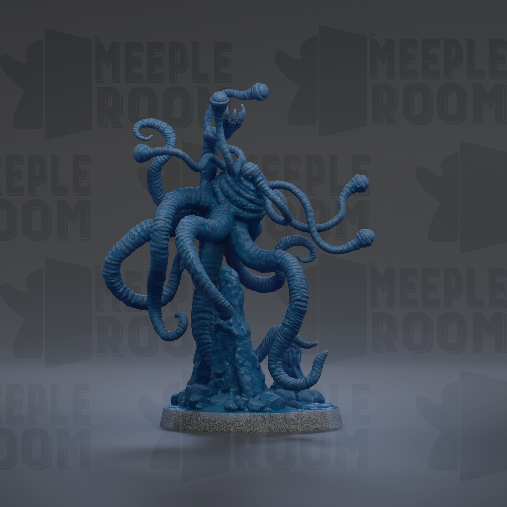 A 3D rendering of a blue, tentacled creature resembling a mythical or fantastical being, possibly a dragon or sea monster, standing on a base.