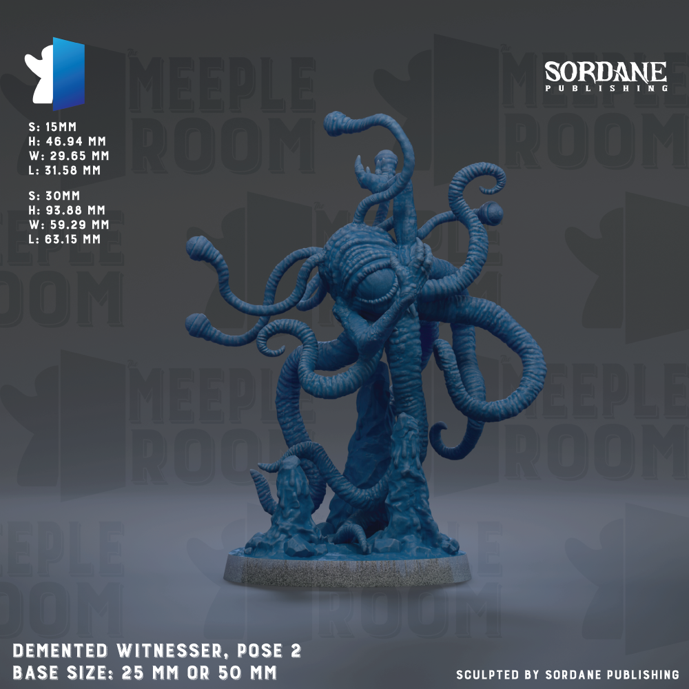 The image is a detailed 3D rendering of a blue, tentacled creature resembling a mythical or fantastical being, possibly a witness or deity. The creature has a large head and multiple tentacles, giving it a striking and imposing appearance. The creature is positioned on a base, which is described as either 25 mm or 50 mm in size. The image is a sculpture, and it is published by Sordane Publishing.