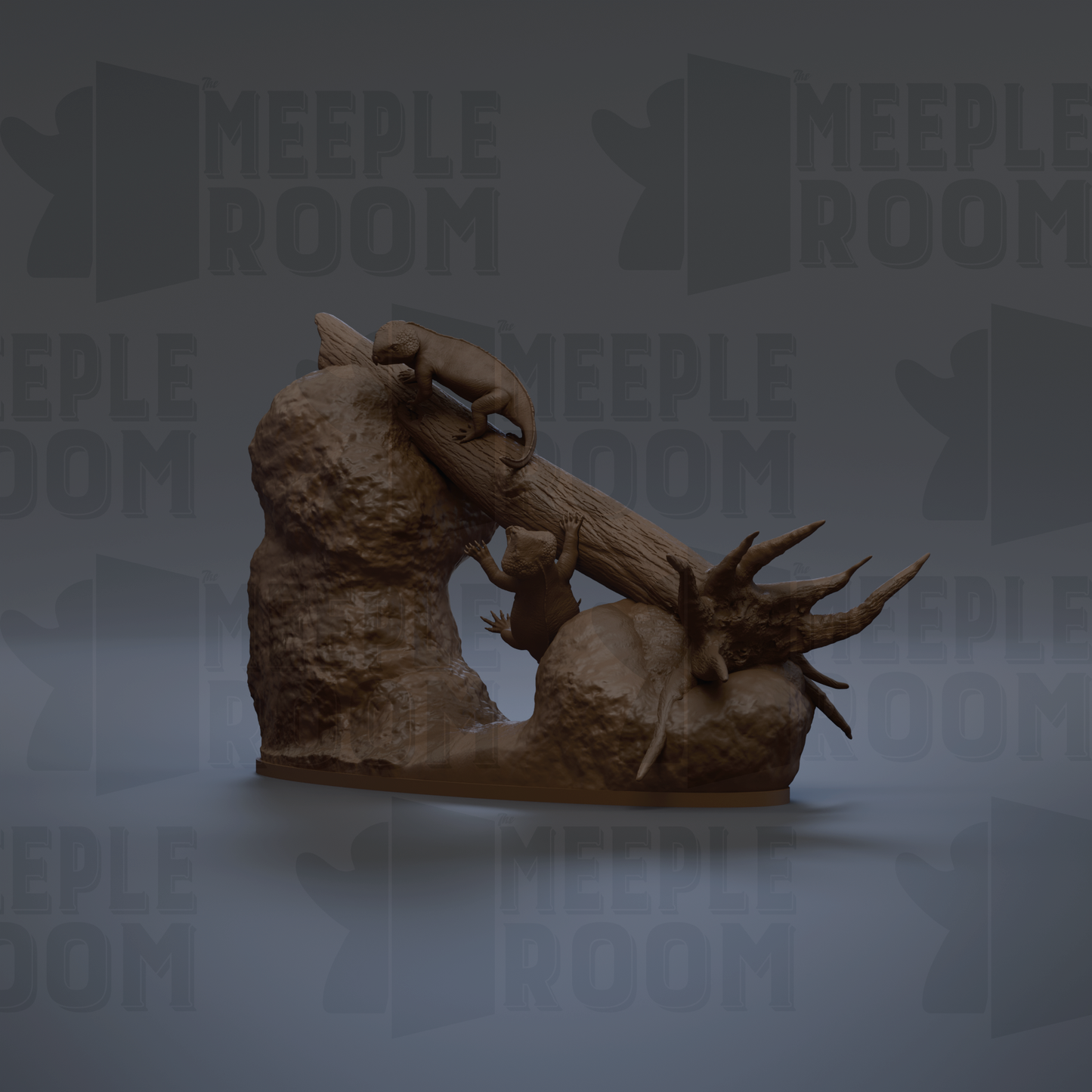 The image is a 3D rendering of a sculpture depicting a small animal, possibly a rodent or a lizard, climbing on a rock or a log. The background of the image is dark, which contrasts with the sculpture and makes it stand out.