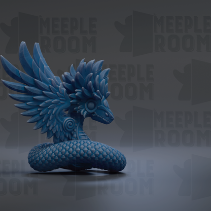 A blue dragon-like creature with intricate, feather-like patterns on its body and wings is depicted in the image.