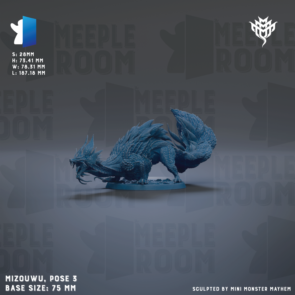 The image is a 3D rendering of a blue monster-like creature, possibly a mythical or fantastical creature, with a textured appearance. The creature is standing on a base and appears to be in a crouched or crouching position. The background is a dark gray color, which contrasts with the blue of the creature and the base. The image does not contain any text or additional objects, and the creature is the sole focus of the image.