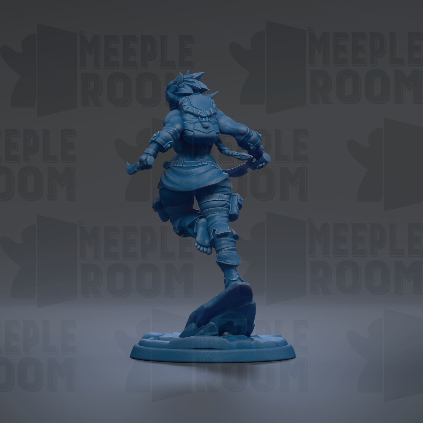 A blue figurine of a person standing on a rock, with the text "MEUPLE ROOM" repeated in the background.