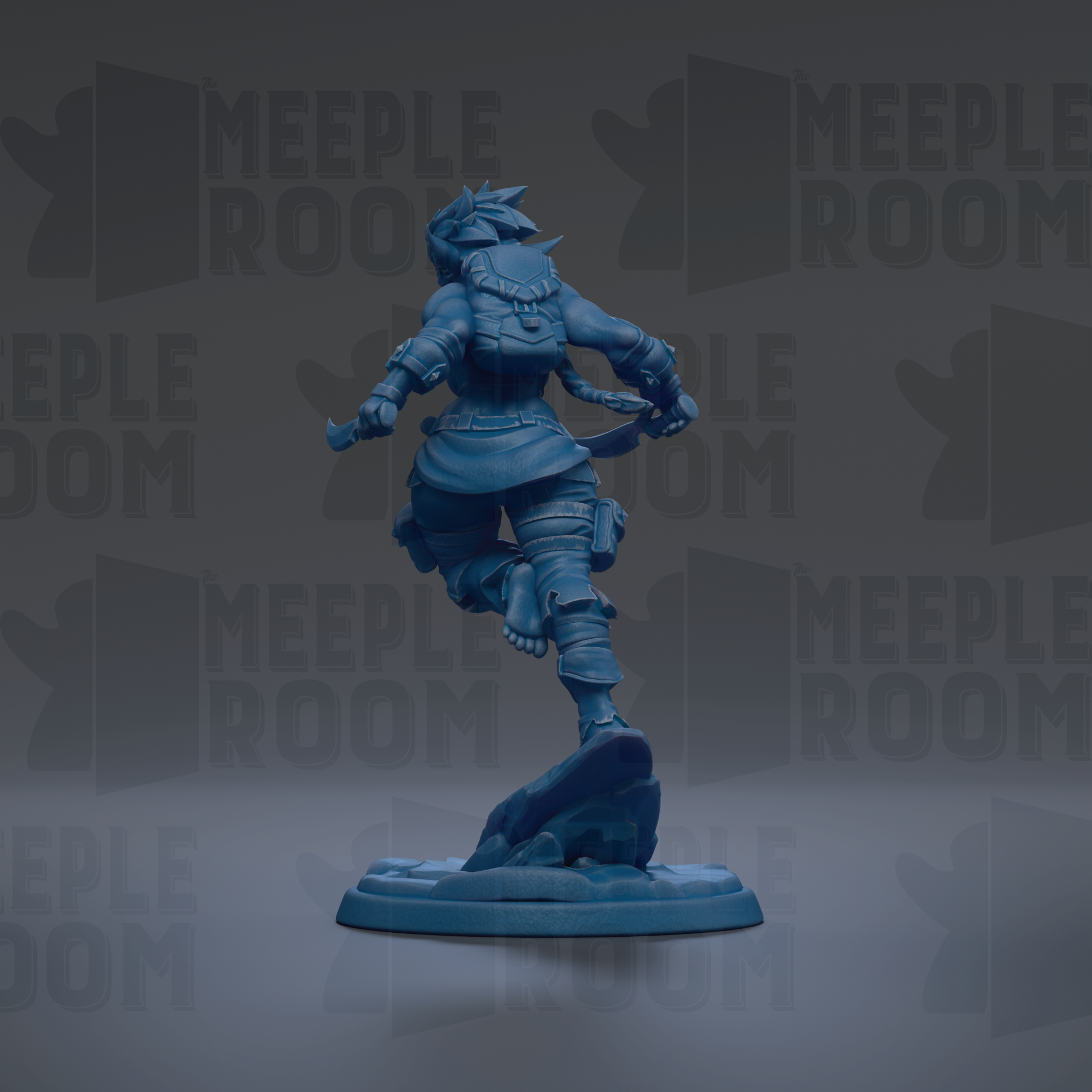 A blue figurine of a person standing on a rock, with the text "MEUPLE ROOM" repeated in the background.