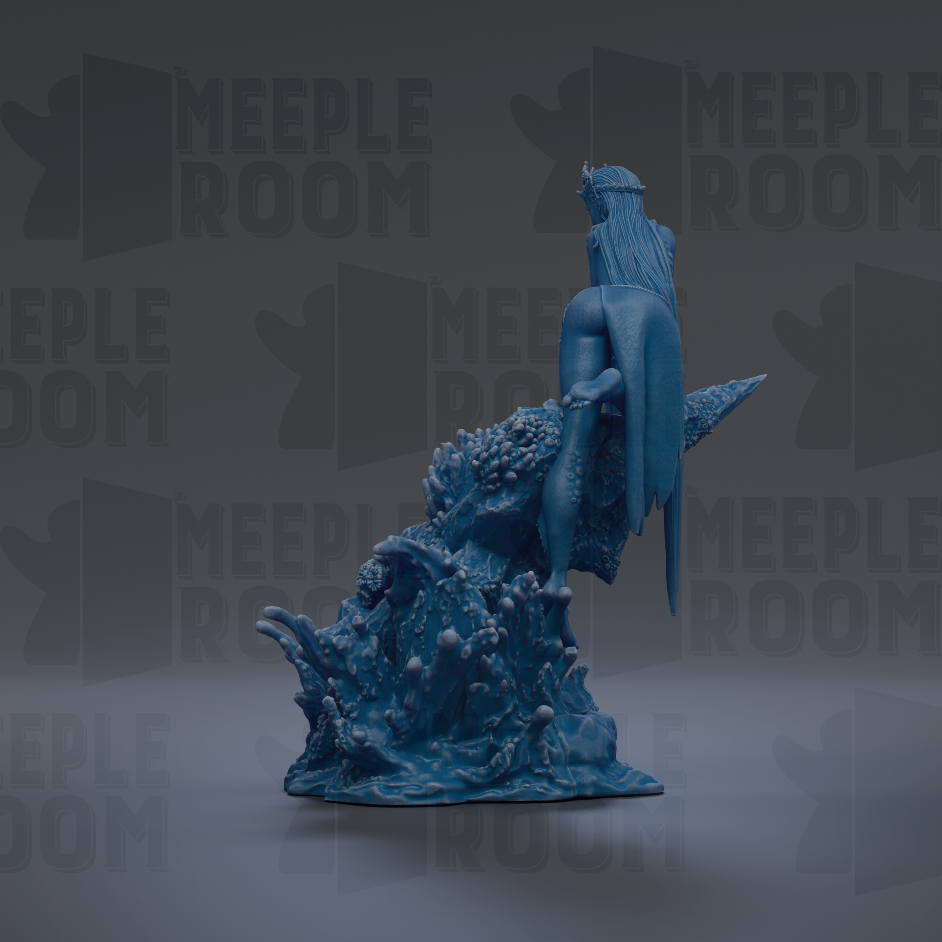A blue, 3D-rendered statue of a mermaid or sea creature, with intricate details and a flowing, dynamic pose, set against a dark background with repeated text.