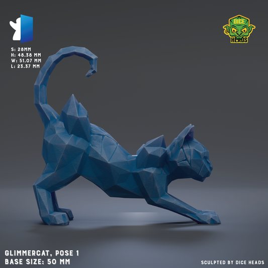 A 3D model of a blue cat sculpture, with the base size of 50mm.
