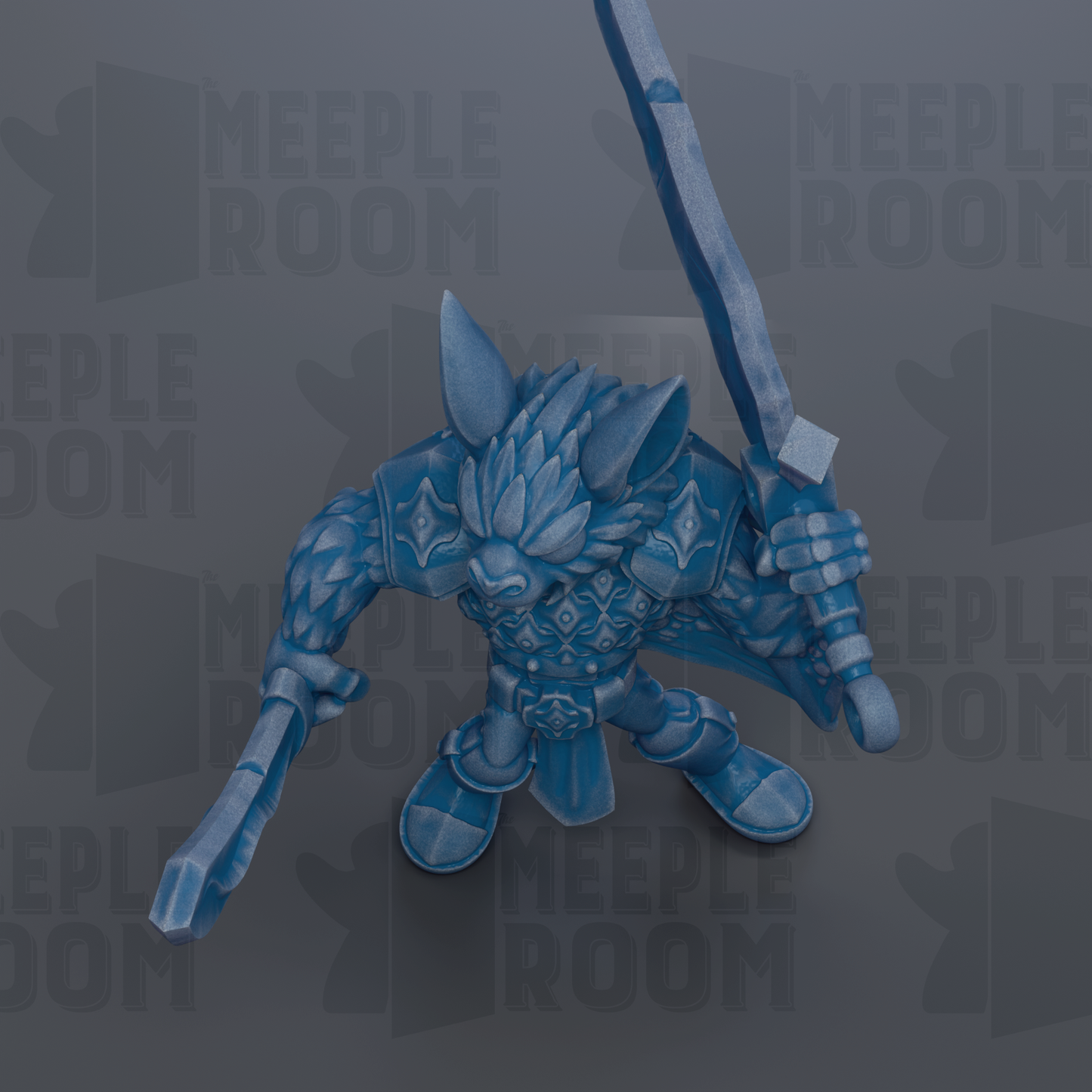 A blue, armored character with a sword in hand, standing against a dark background with repeated text.
