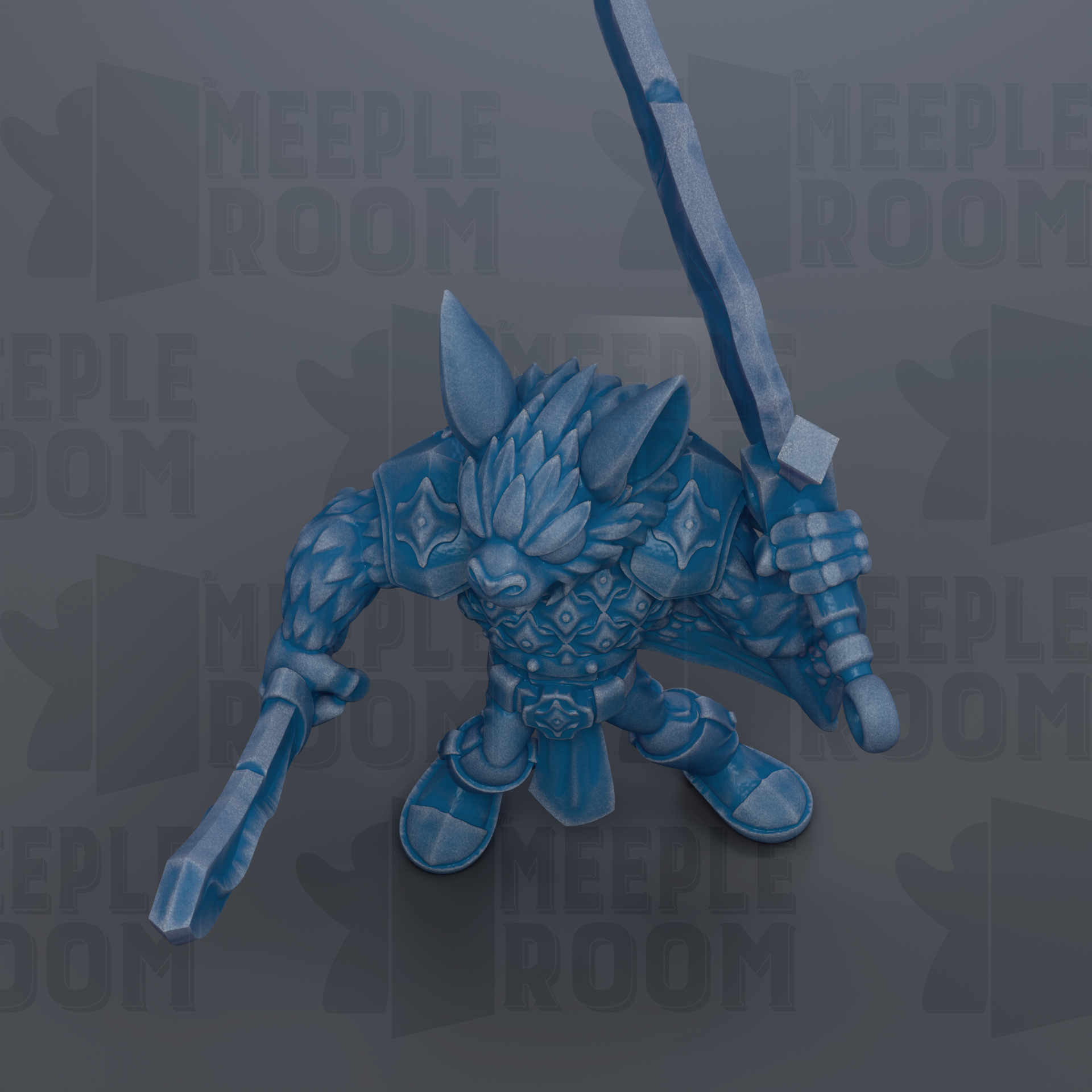 A blue, armored character with a sword in hand, standing against a dark background with repeated text.