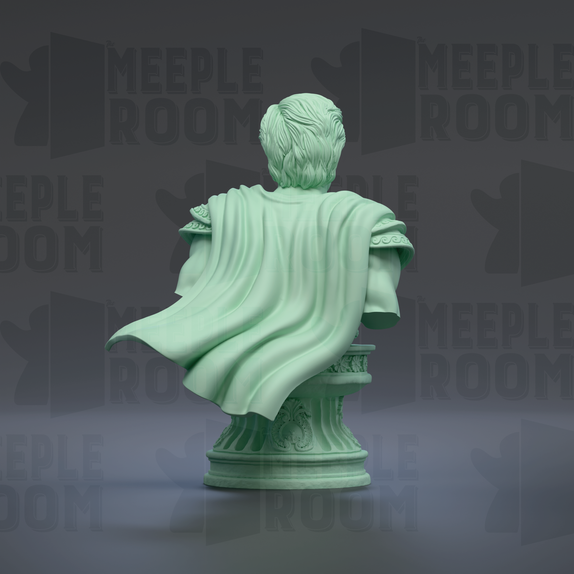 A green statue of a person sitting on a pedestal, with a flowing cape draped over their shoulders.