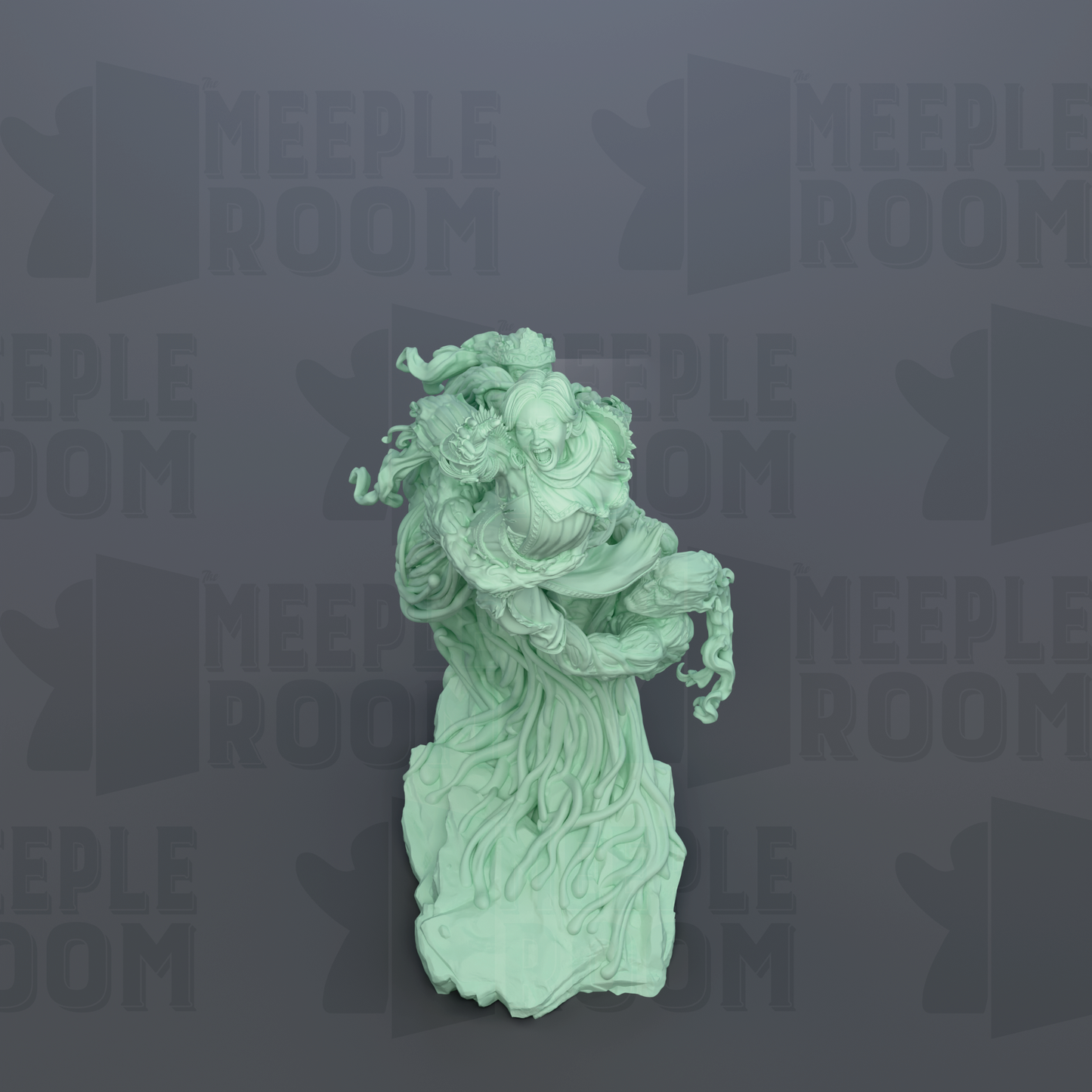 a green, abstract sculpture with flowing, organic shapes and lines, set against a dark background with repeated text.