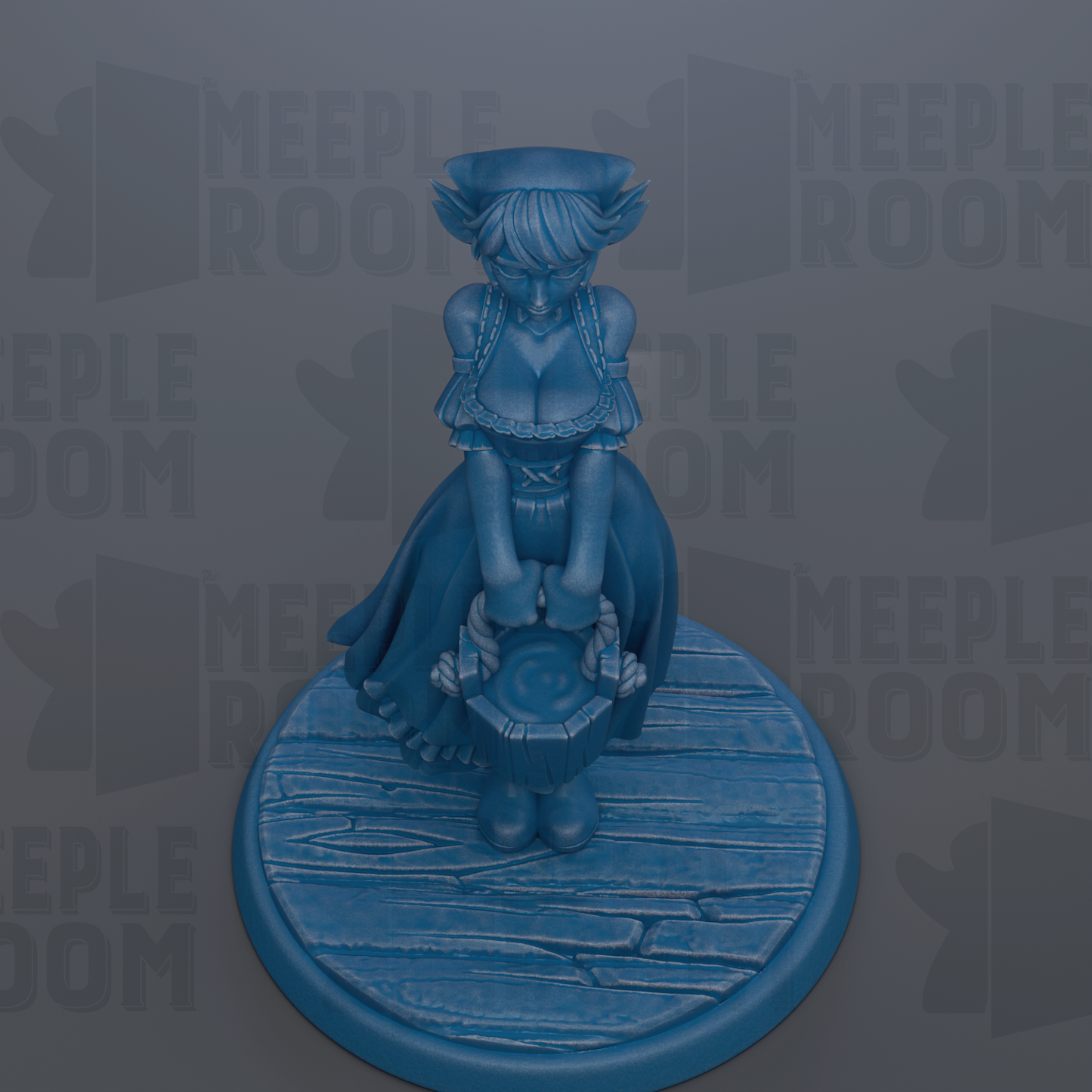 A blue figurine of a woman with a hat and dress, standing on a wooden base.