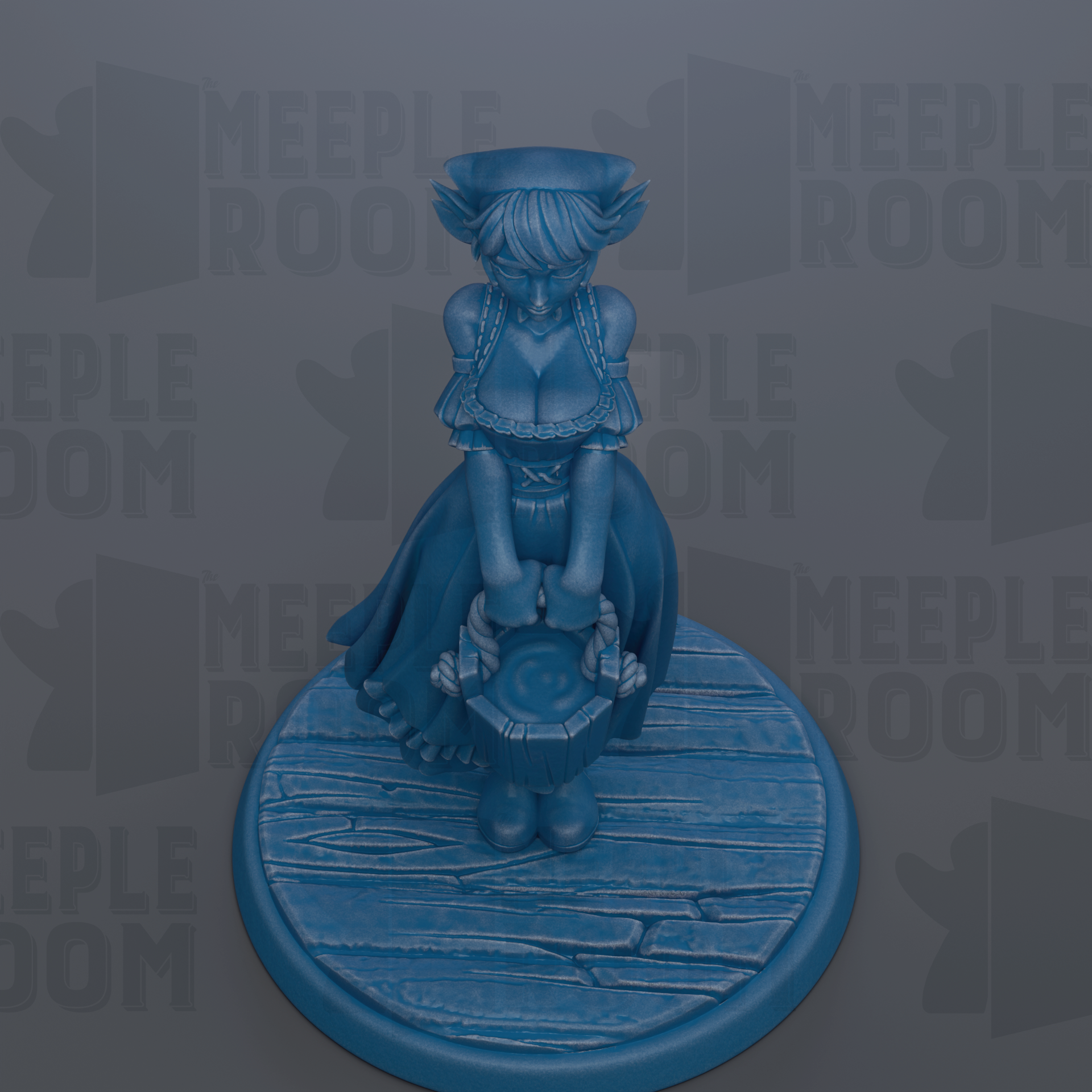 A blue figurine of a woman with a hat and dress, standing on a wooden base.