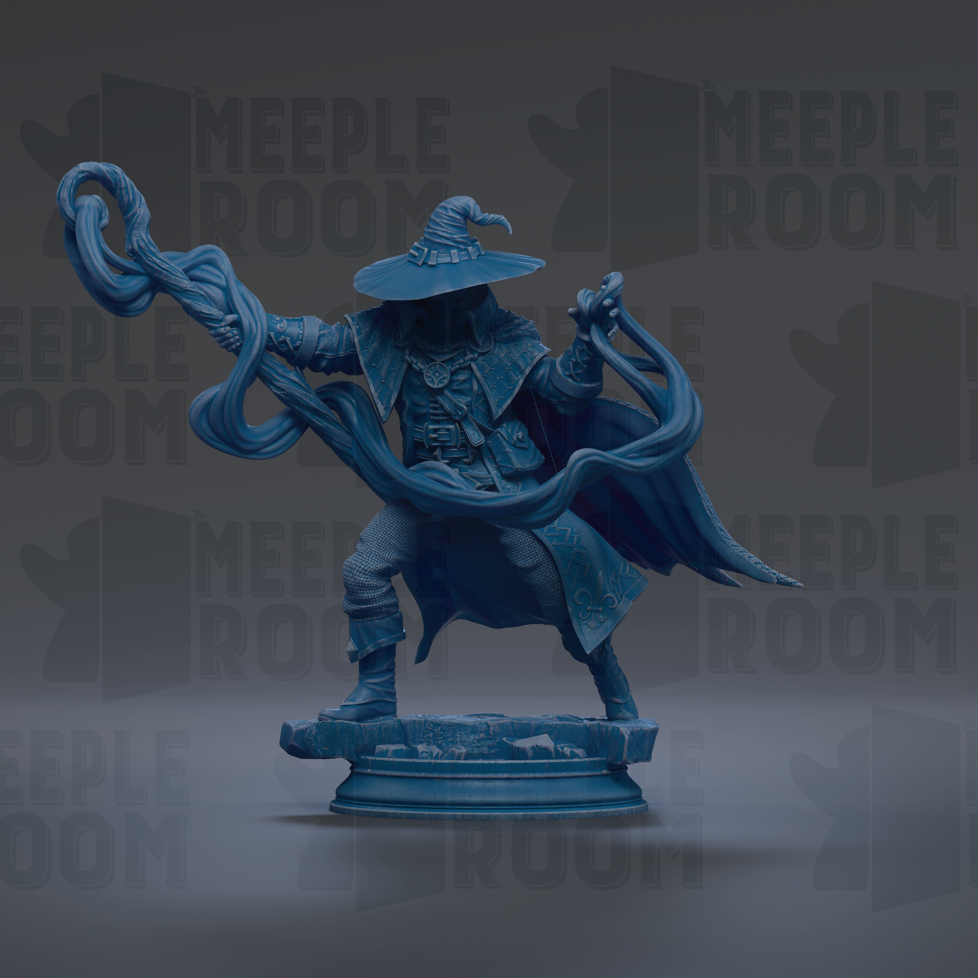 A blue statue of a wizard or magical figure, holding a staff and surrounded by a flowing cape, standing on a pedestal against a dark background with repeated text.