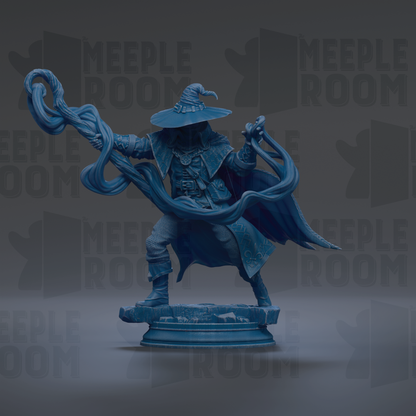 A blue statue of a wizard or magical figure, holding a staff and surrounded by a flowing cape, standing on a pedestal against a dark background with repeated text.