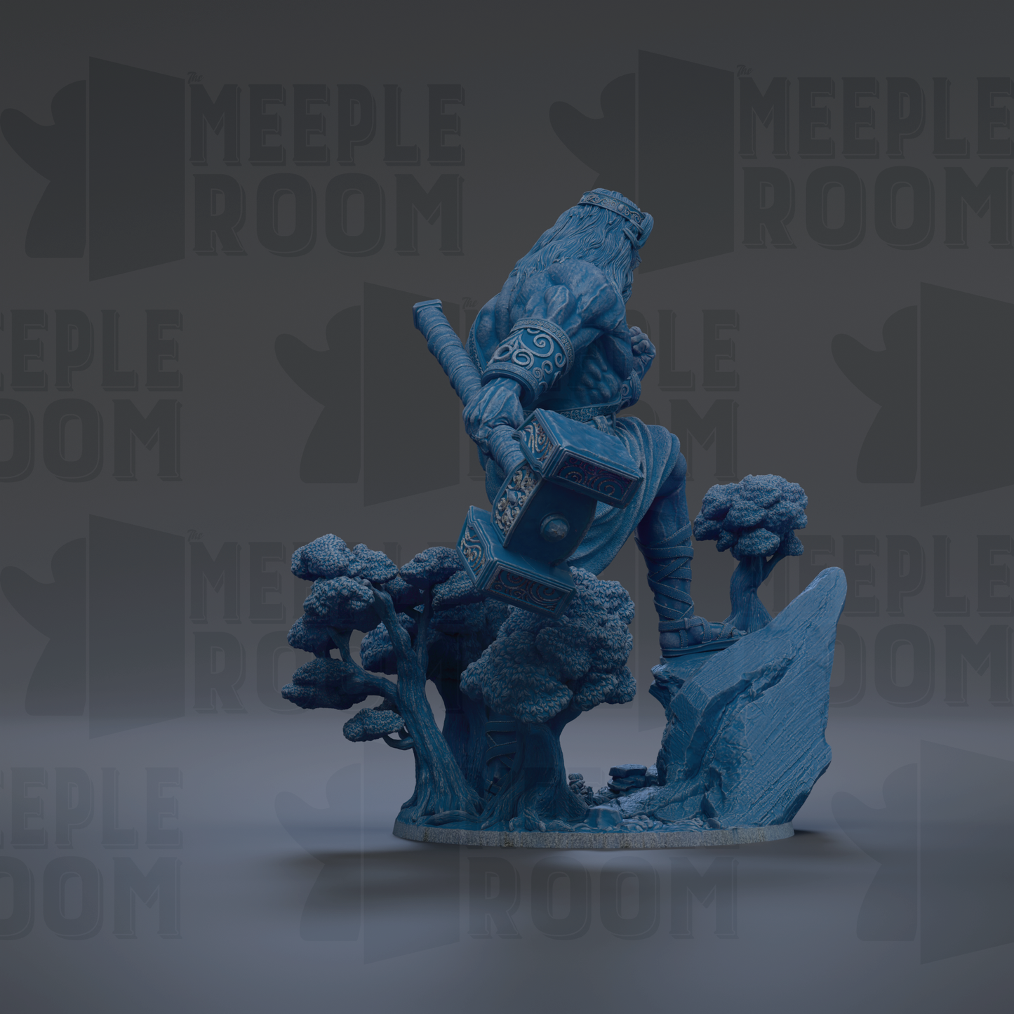 A blue figurine of a person holding a sword and shield, standing on a rock formation with trees in the background.