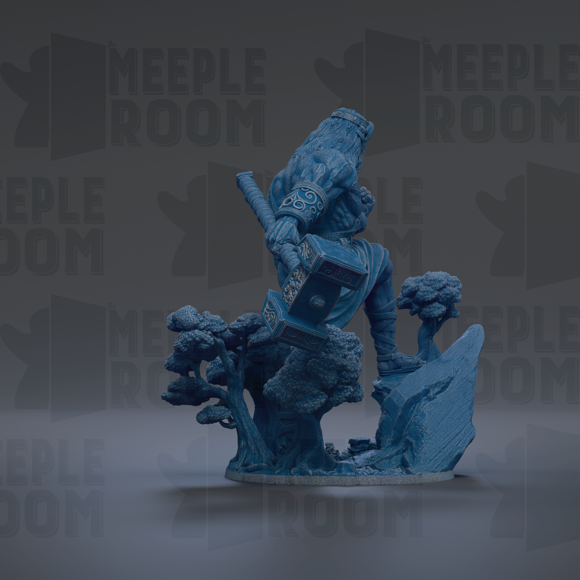 A blue figurine of a person holding a sword and shield, standing on a rock formation with trees in the background.
