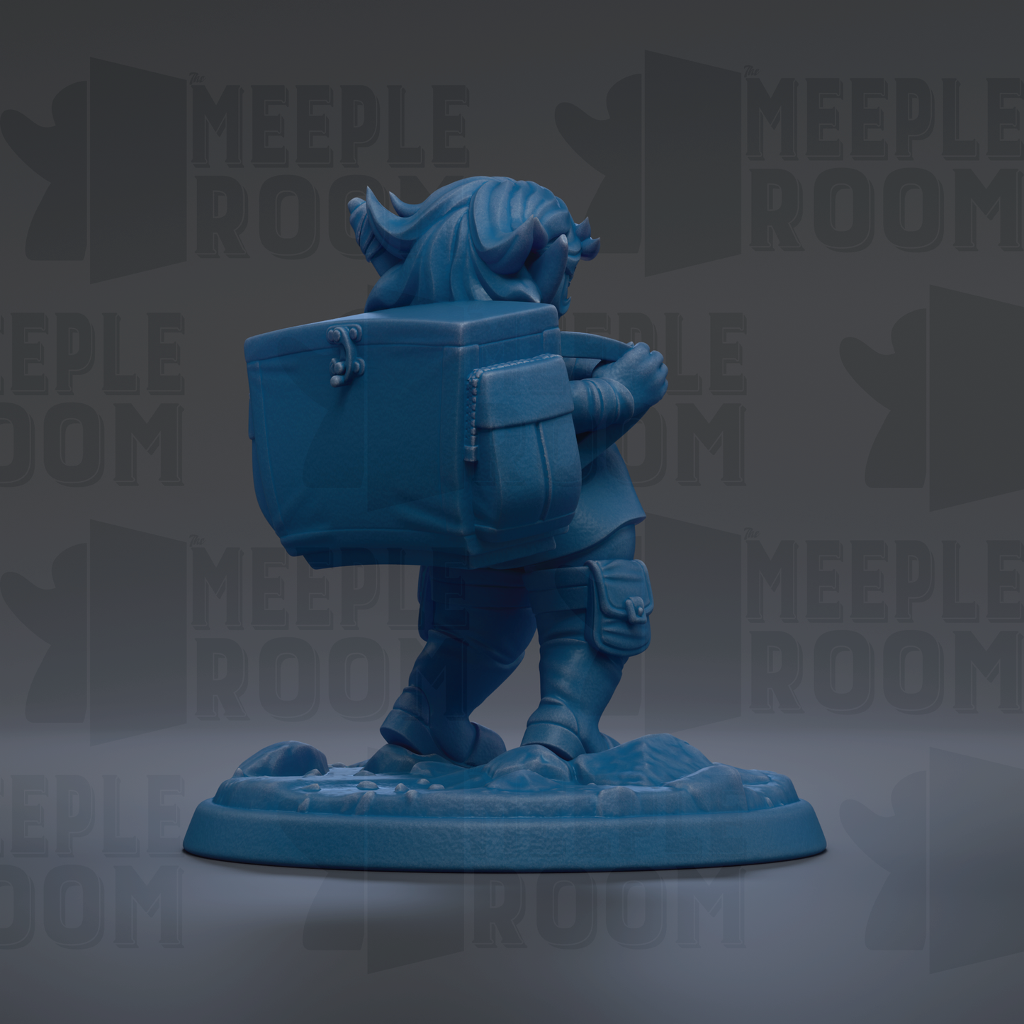 A blue figurine of a person carrying a large blue box on their back, standing on a platform.