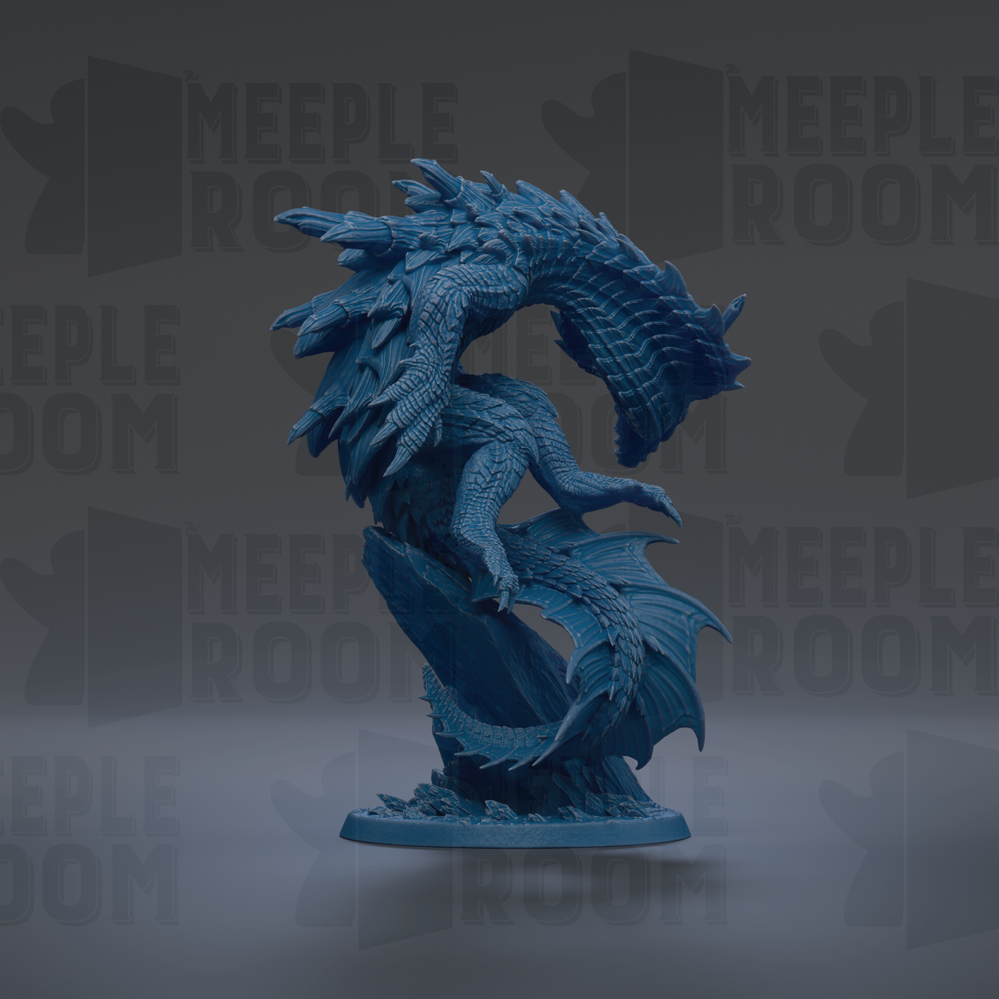 A blue, 3D-rendered dragon figurine is shown against a dark background with repeated text.