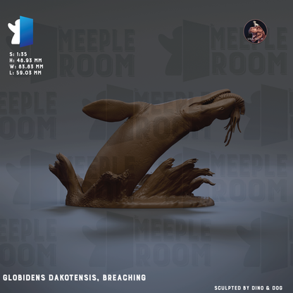 The image is a 3D rendering of a large, brown, aquatic creature resembling a dinosaur or sea monster. The creature appears to be in motion, with its mouth open and fins spread out, suggesting it is either swimming or diving. The background of the image is a dark gray color, which contrasts with the brown of the creature and makes it stand out. The image is described as a "collage of multiple images" and "globids dakotensis, breaking" in the provided text.