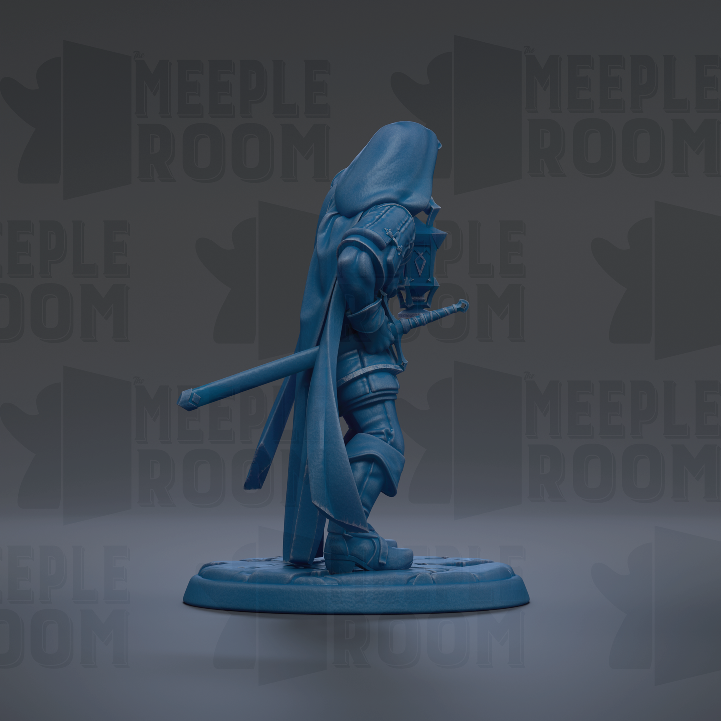 A blue figurine of a knight holding a sword and shield, standing on a base.