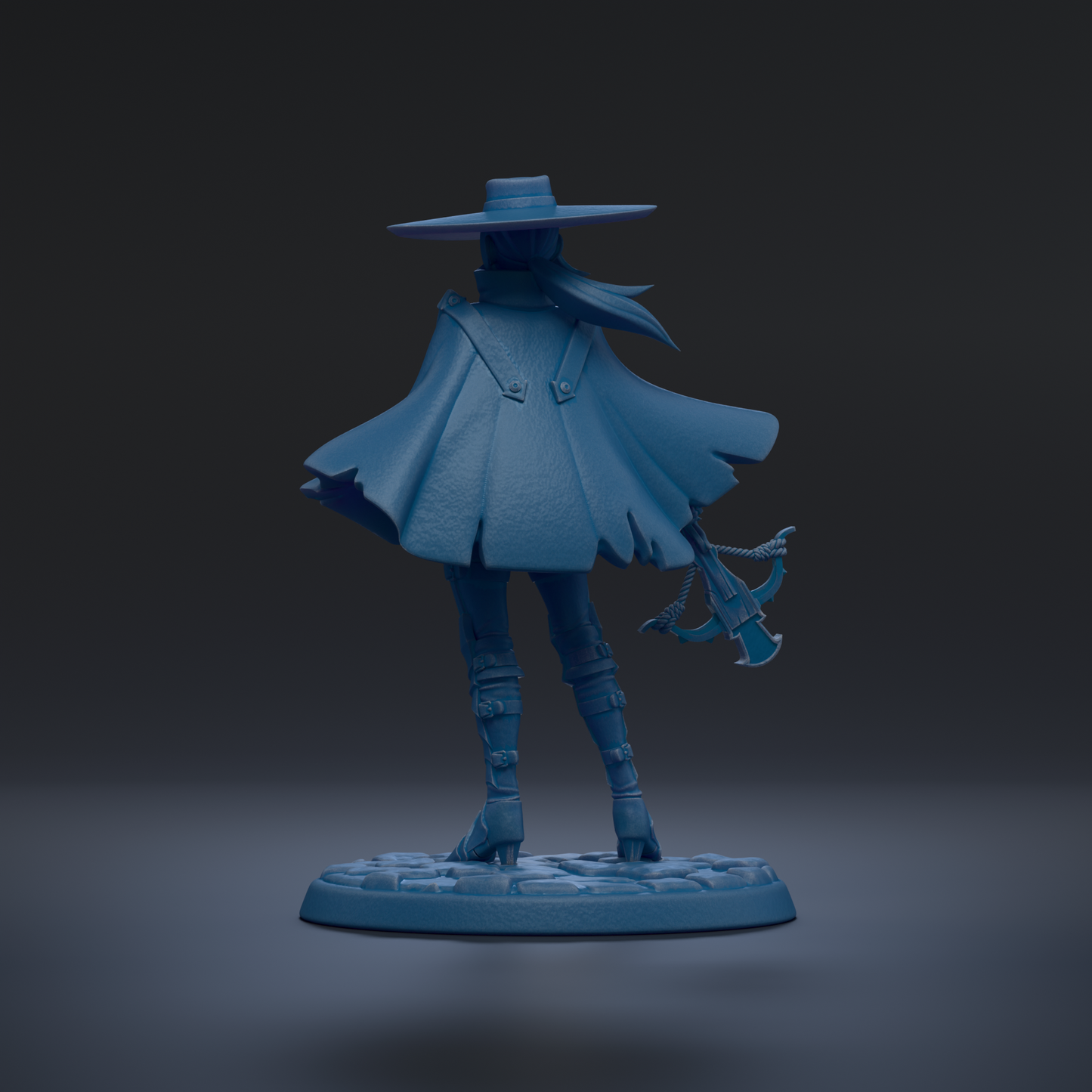 A blue statue of a person wearing a hat and holding a weapon, standing on a base.