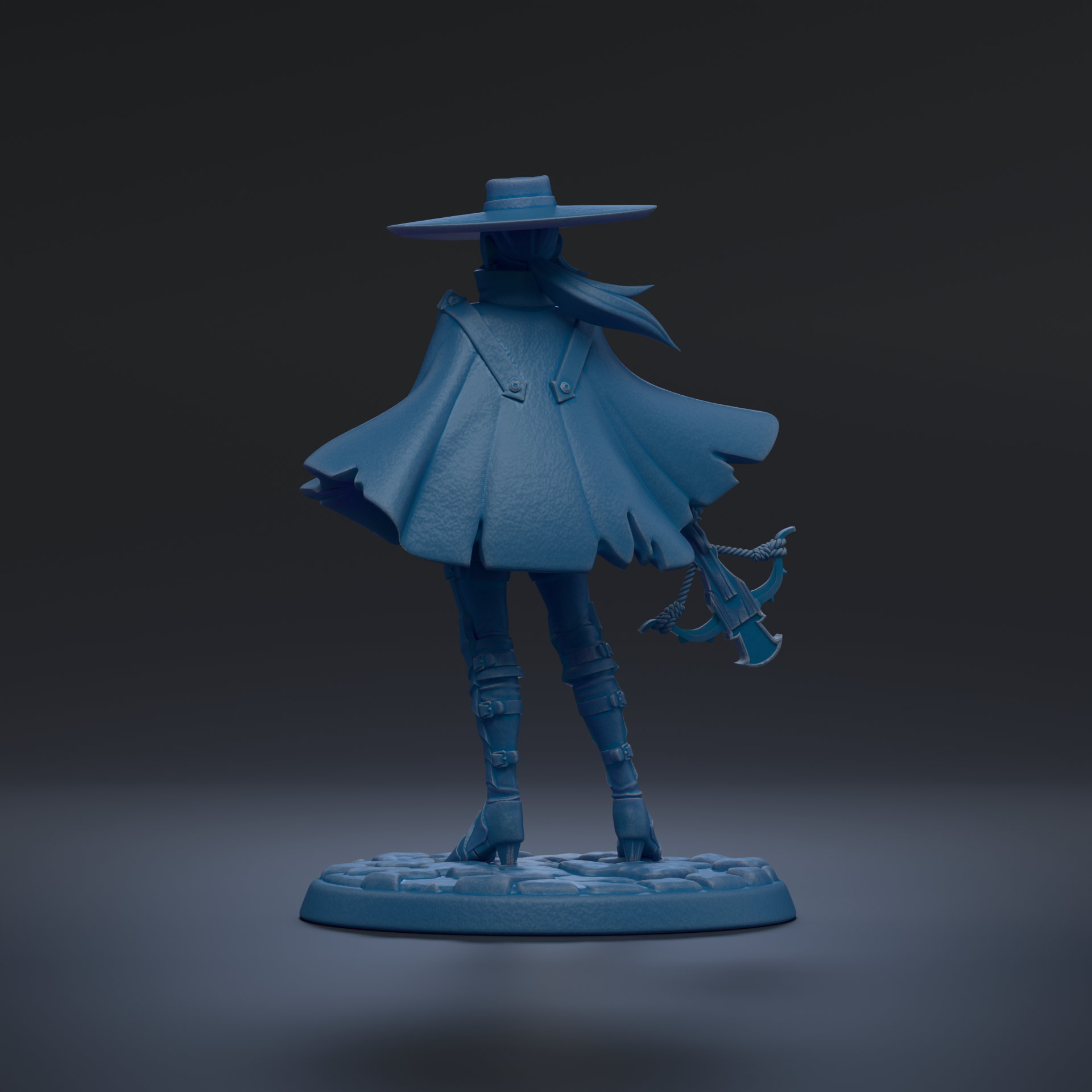 A blue statue of a person wearing a hat and holding a weapon, standing on a base.