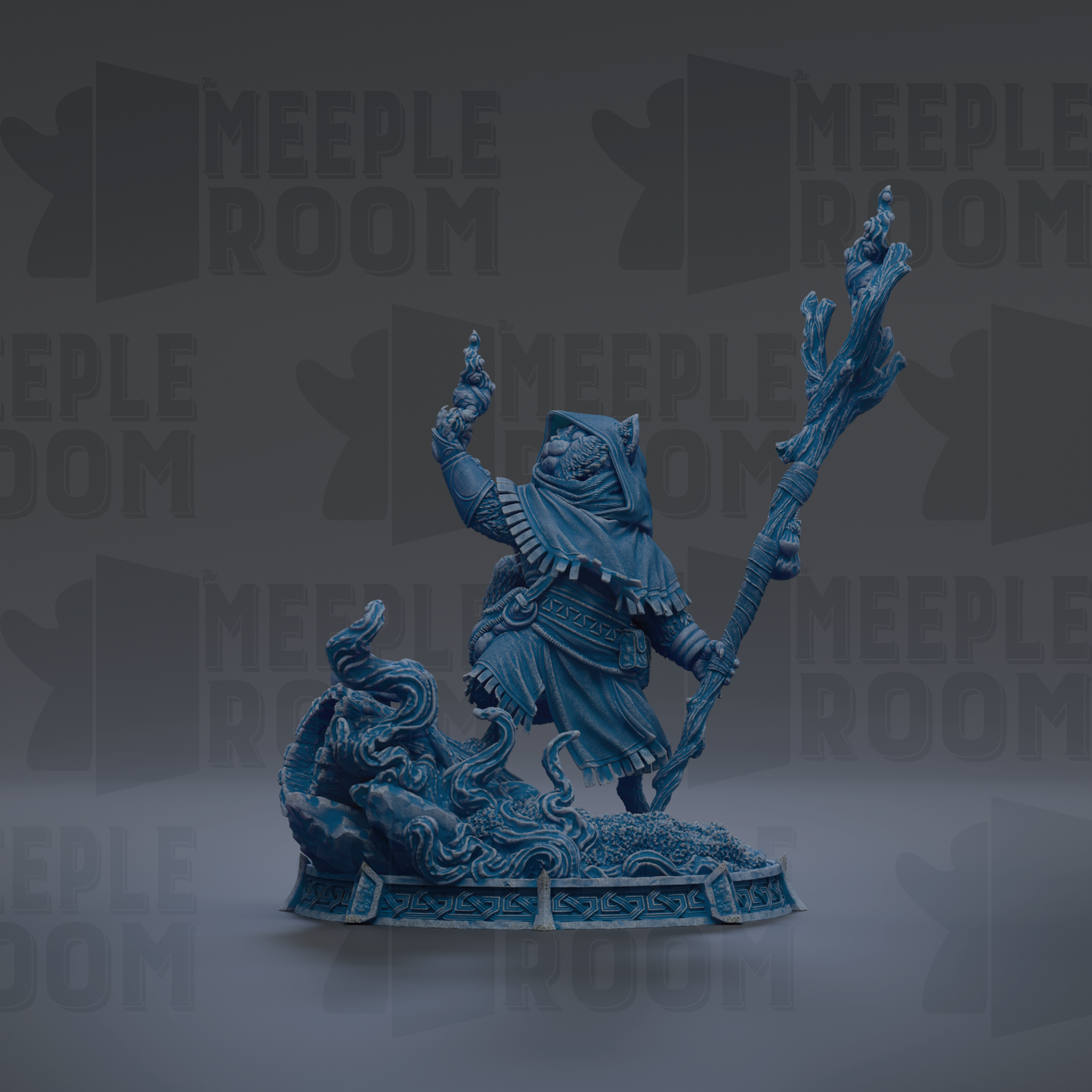 A blue, 3D-rendered statue of a figure holding a staff and standing on a platform, with a dark background that includes the text "MEUPLE ROOM" repeated multiple times.