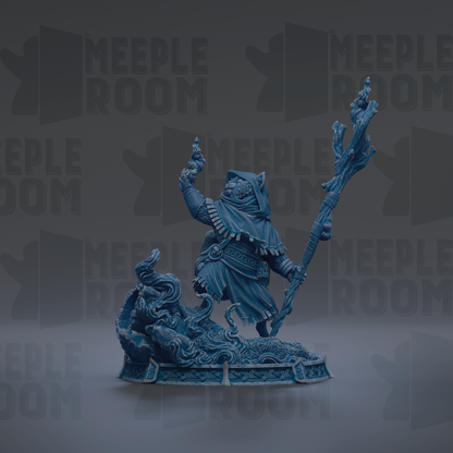 A blue, 3D-rendered statue of a figure holding a staff and standing on a platform, with a dark background that includes the text "MEUPLE ROOM" repeated multiple times.