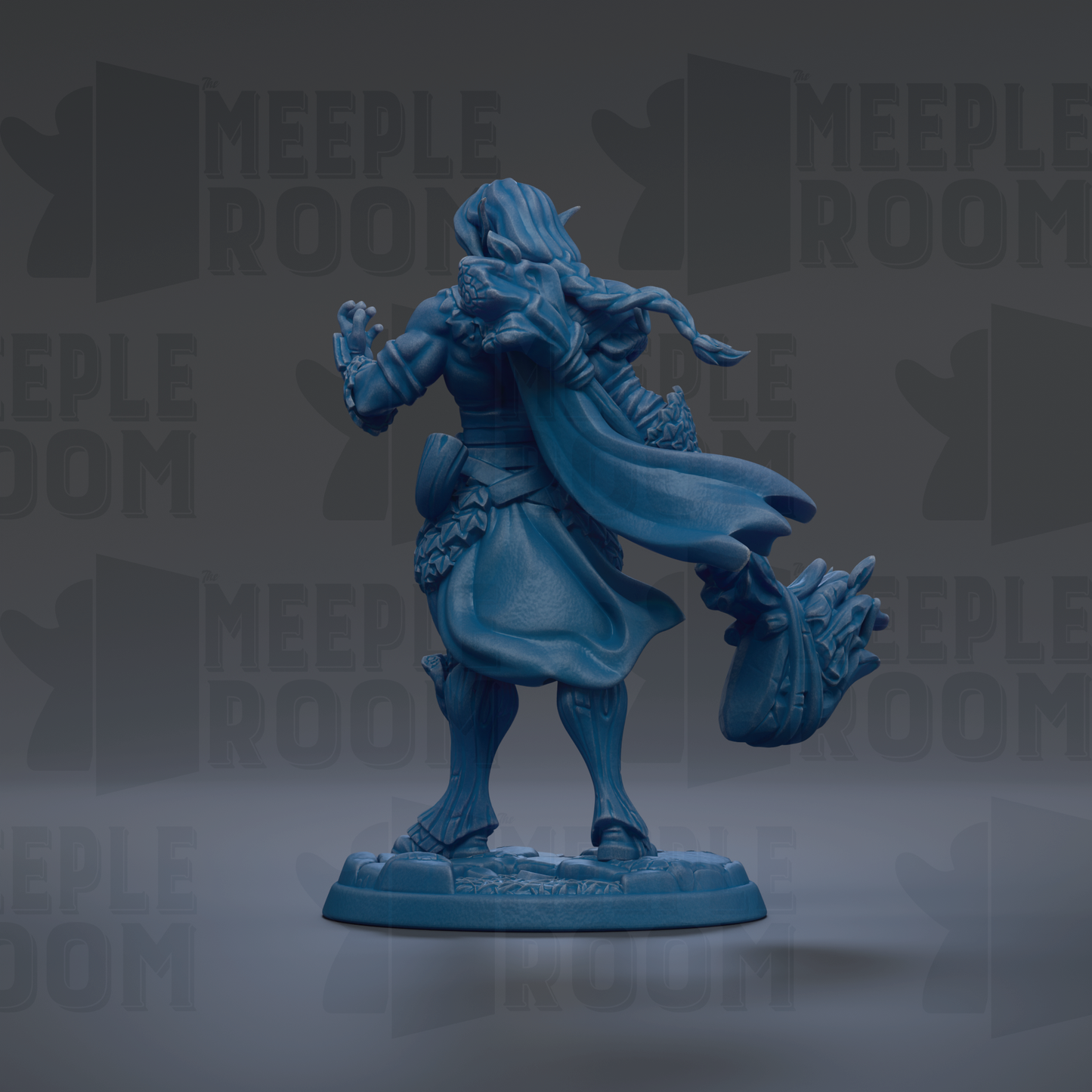 A blue figurine of a person with long hair and a flowing cape, standing on a base and holding a weapon.