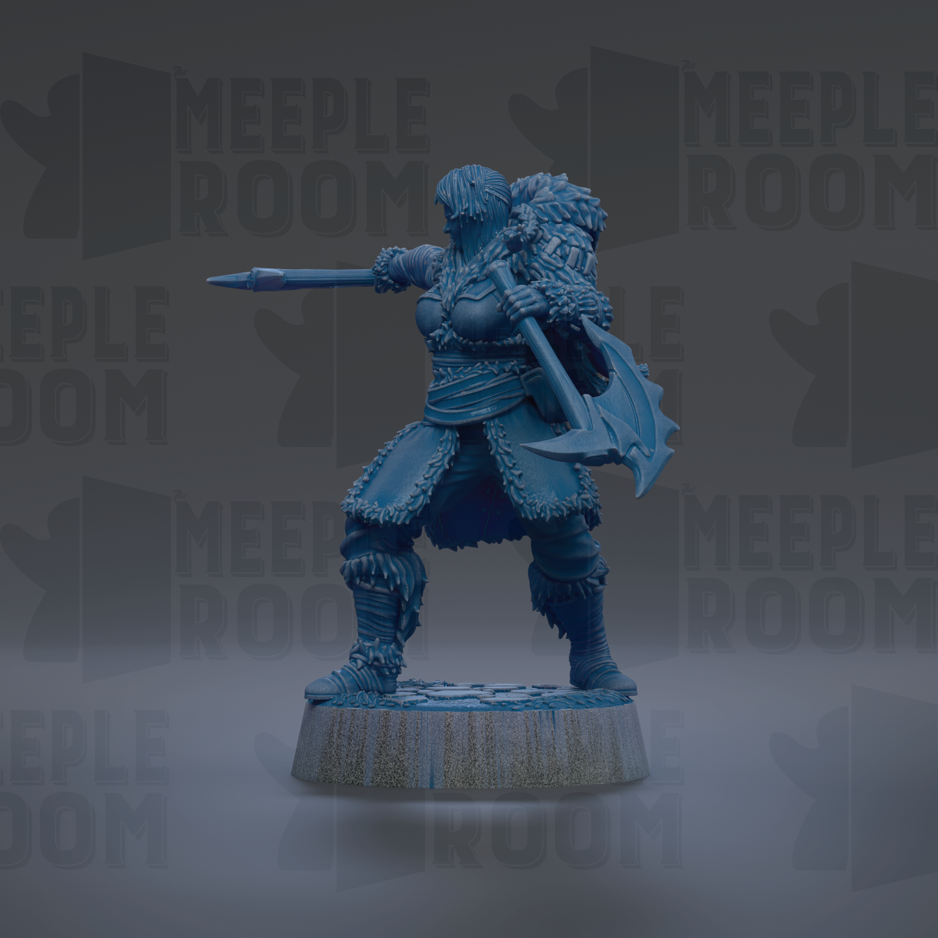 A blue figurine of a warrior standing on a platform, holding a sword and shield, with the text "MEUPLE ROOM" repeated in the background.