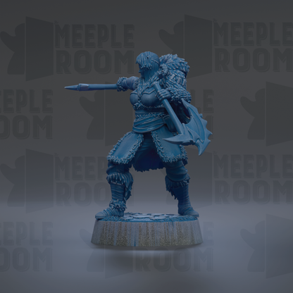 A blue figurine of a warrior standing on a platform, holding a sword and shield, with the text "MEUPLE ROOM" repeated in the background.