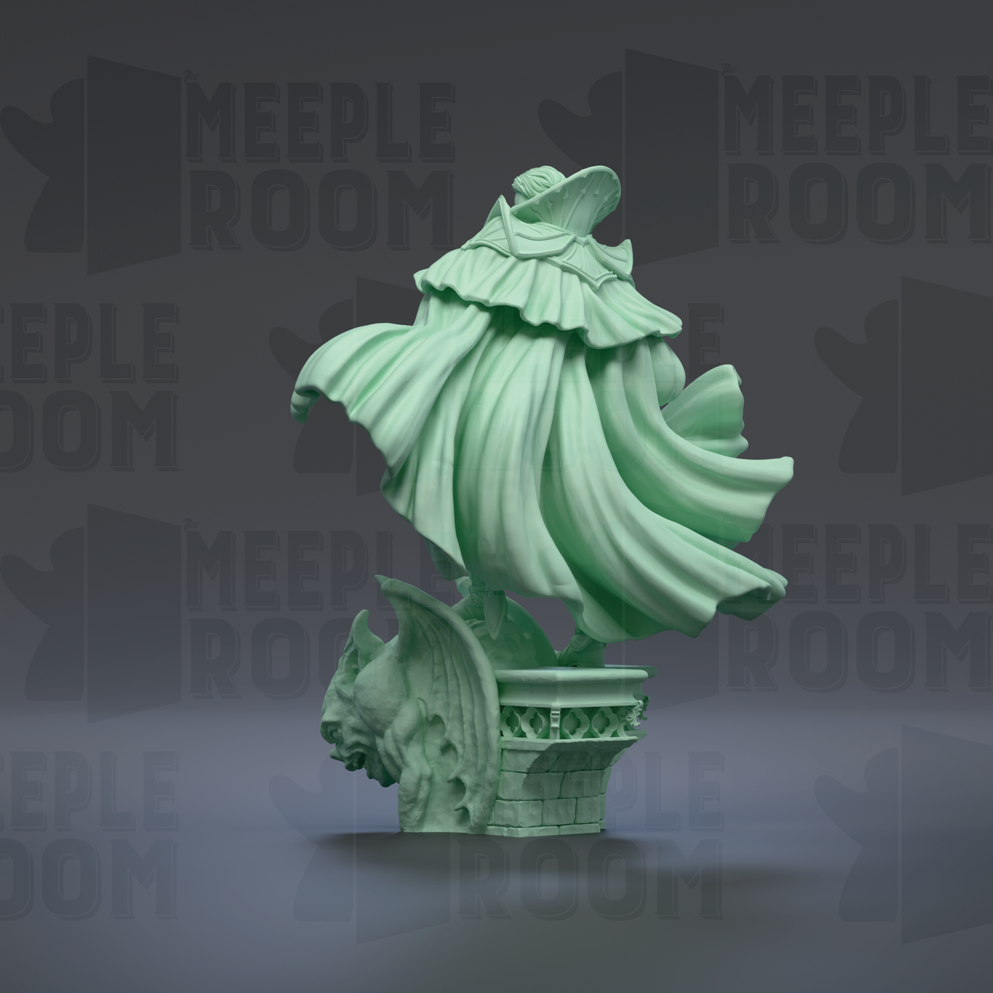 A green statue of a winged figure with a flowing robe, standing on a pedestal.