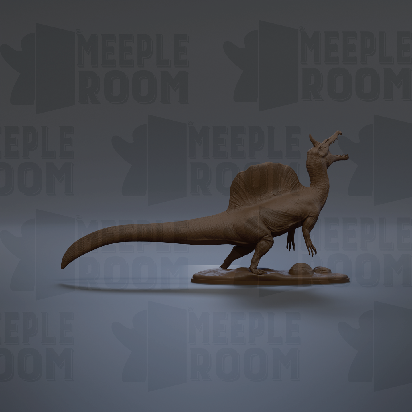 A 3D model of a Spinosaurus dinosaur, a large carnivorous dinosaur, is shown in a dynamic pose with its mouth open.
