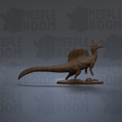 A 3D model of a Spinosaurus dinosaur, a large carnivorous dinosaur, is shown in a dynamic pose with its mouth open.