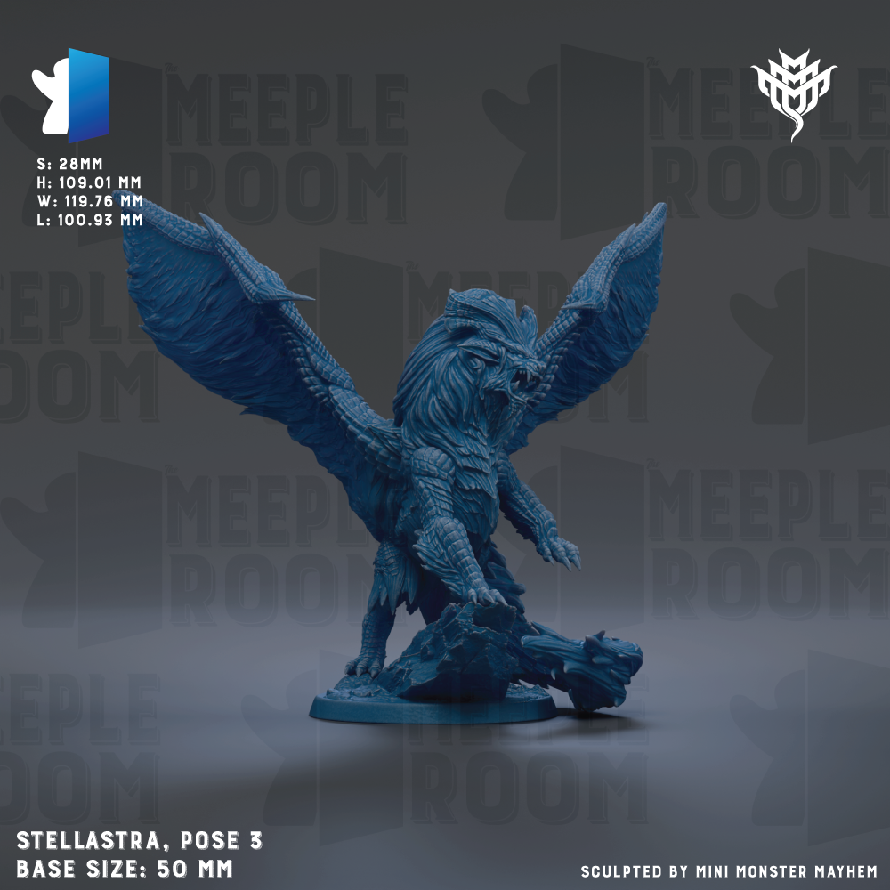 a blue dragon-like creature with wings and sharp teeth, standing on a rock formation. The creature appears to be a sculpted model, possibly made of metal or another material. The background of the image is dark, which contrasts with the blue color of the creature and makes it stand out. The image does not contain any text, and the creature is the main focus.