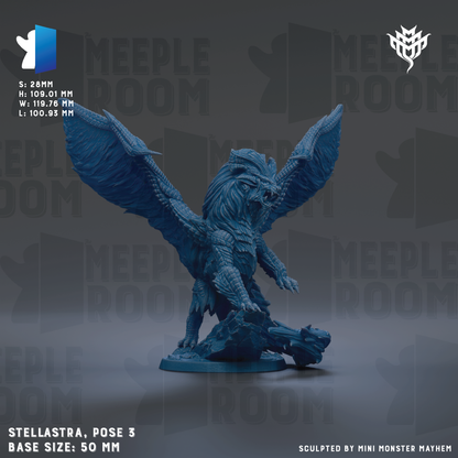 a blue dragon-like creature with wings and sharp teeth, standing on a rock formation. The creature appears to be a sculpted model, possibly made of metal or another material. The background of the image is dark, which contrasts with the blue color of the creature and makes it stand out. The image does not contain any text, and the creature is the main focus.