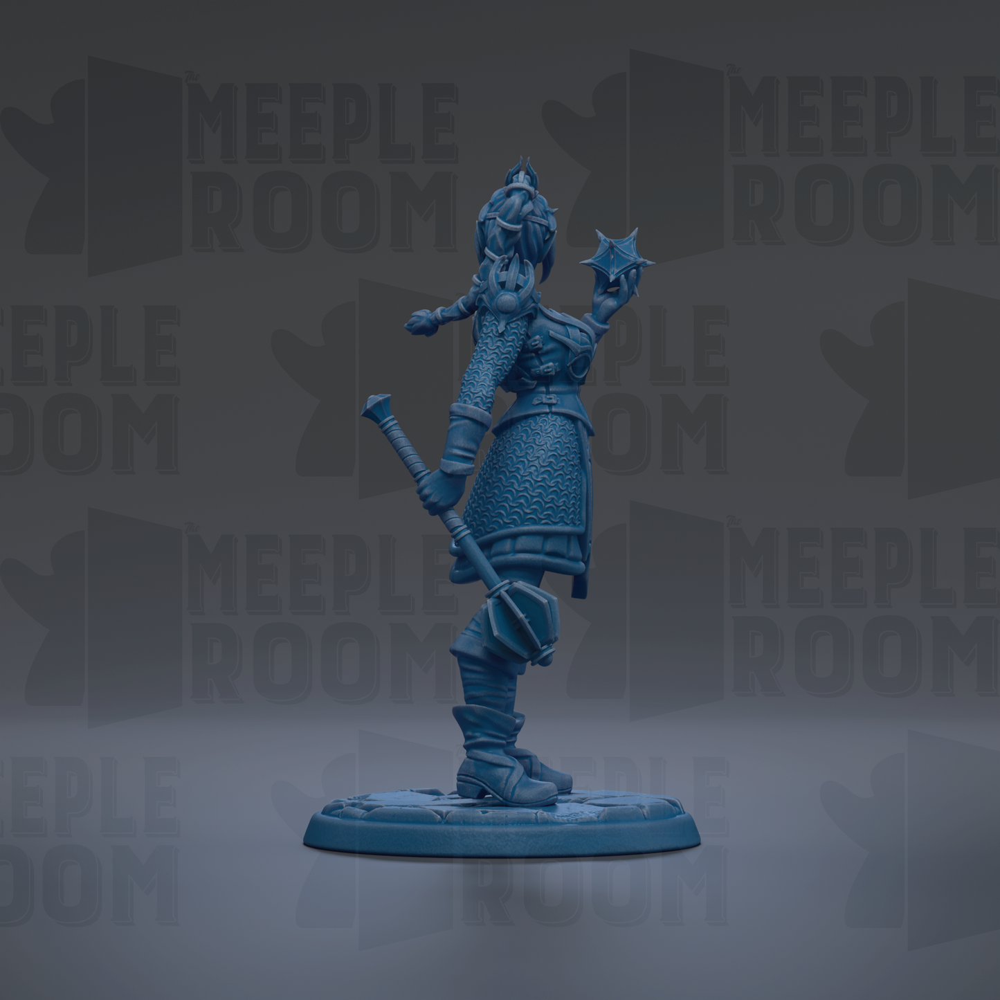 A blue figurine of a warrior standing on a base, holding a weapon and wearing a helmet.