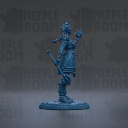 A blue figurine of a warrior standing on a base, holding a weapon and wearing a helmet.