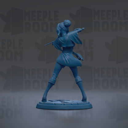 A blue figurine of a person in a fighting stance, with a sword in hand, is the central focus of the image.