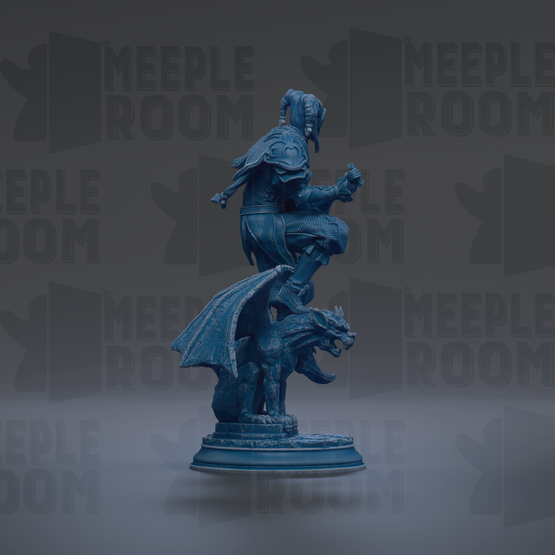 A blue statue of a winged creature, possibly a dragon or mythical beast, standing on a pedestal.