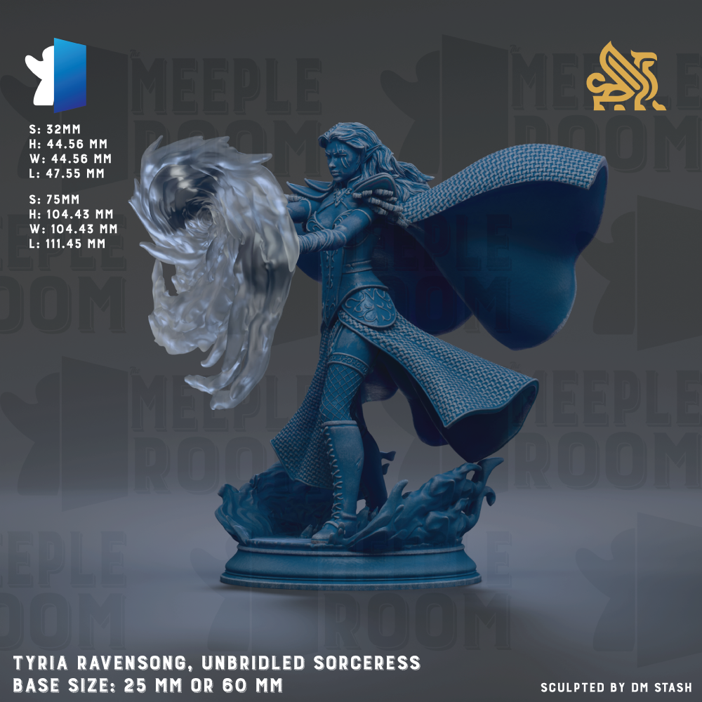 The image is a 3D model of a female character with long hair, wearing a flowing blue cape, and holding a large, swirling object. The character appears to be a wizard or magical being, as indicated by the detailed design and the flowing cape. The image is described as a sculpture of a female character with long hair, wearing a flowing blue cape, and holding a large, swirling object. The base size of the sculpture is 25mm or 60mm.