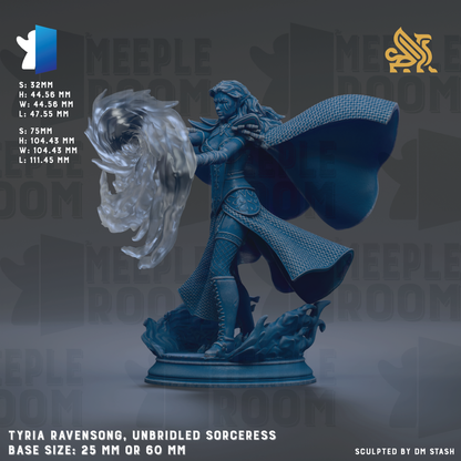 The image is a 3D model of a female character with long hair, wearing a flowing blue cape, and holding a large, swirling object. The character appears to be a wizard or magical being, as indicated by the detailed design and the flowing cape. The image is described as a sculpture of a female character with long hair, wearing a flowing blue cape, and holding a large, swirling object. The base size of the sculpture is 25mm or 60mm.
