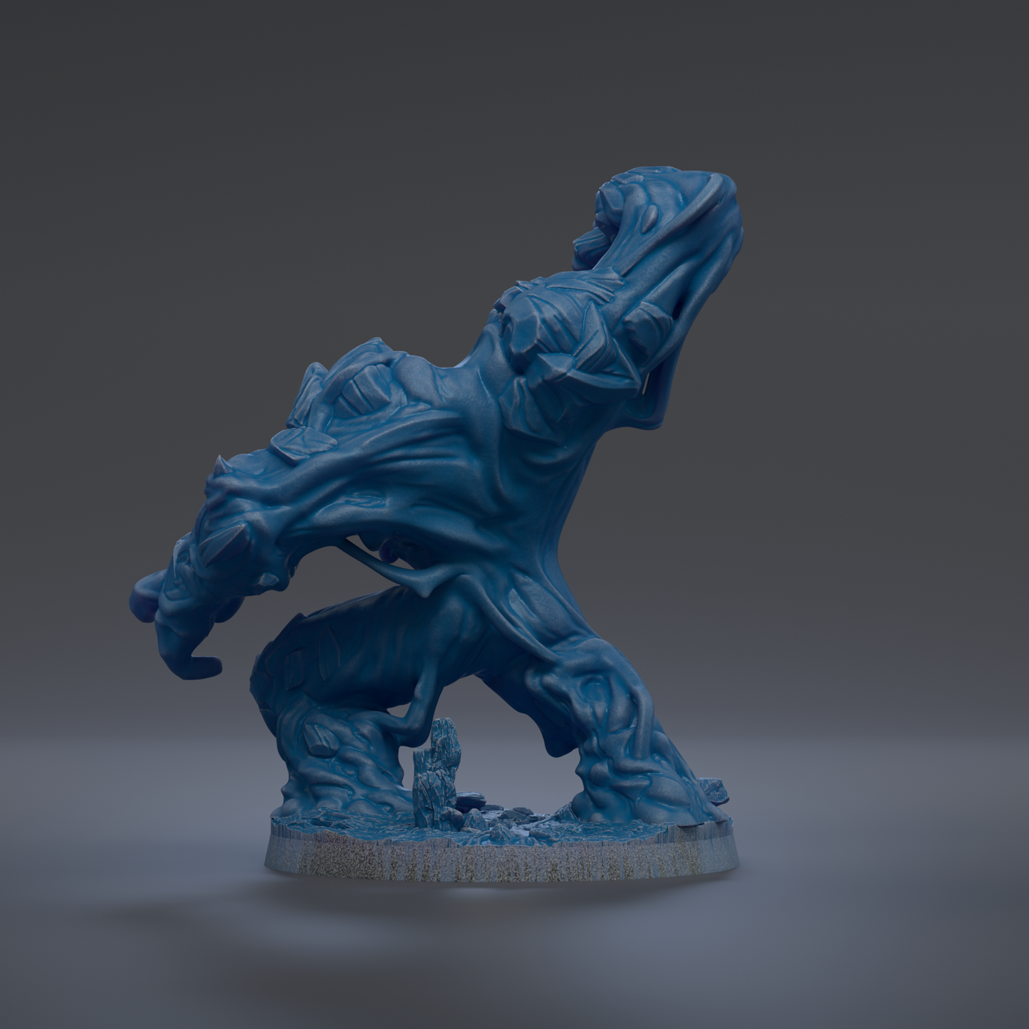 A blue, abstract sculpture with a twisted, organic shape and a textured surface, set against a dark background.