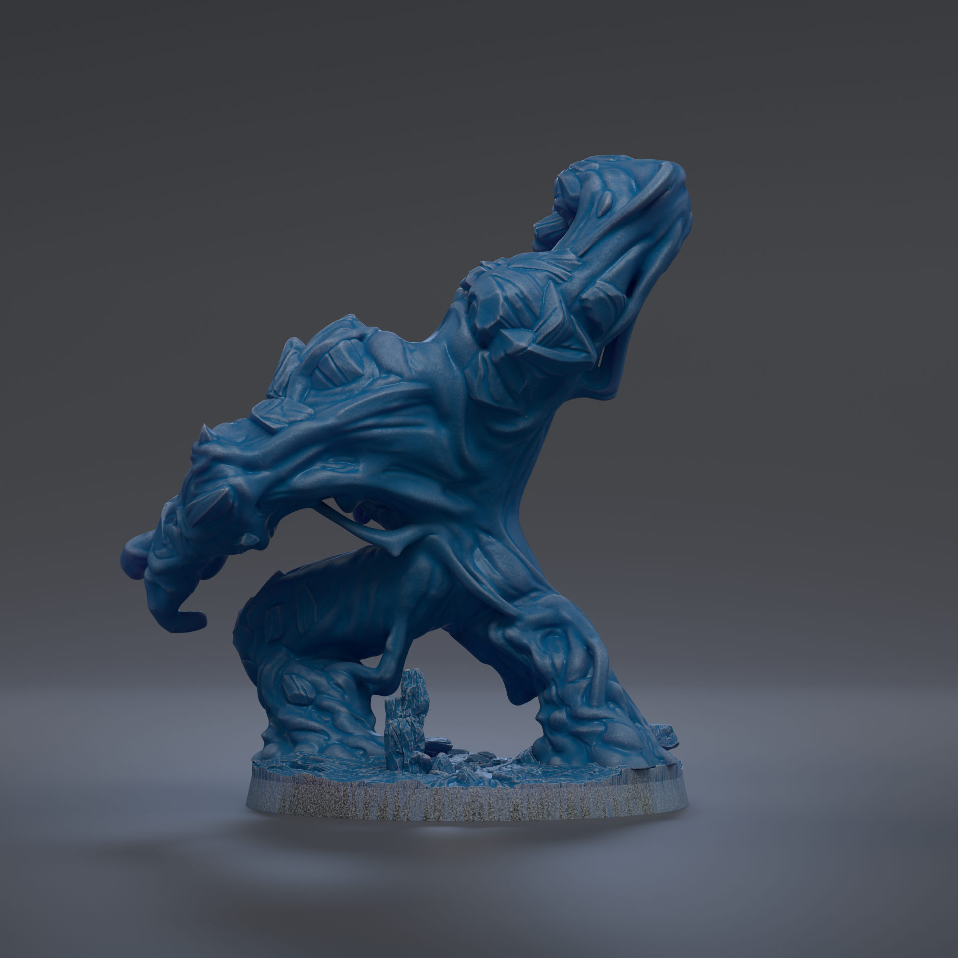 A blue, abstract sculpture with a twisted, organic shape and a textured surface, set against a dark background.