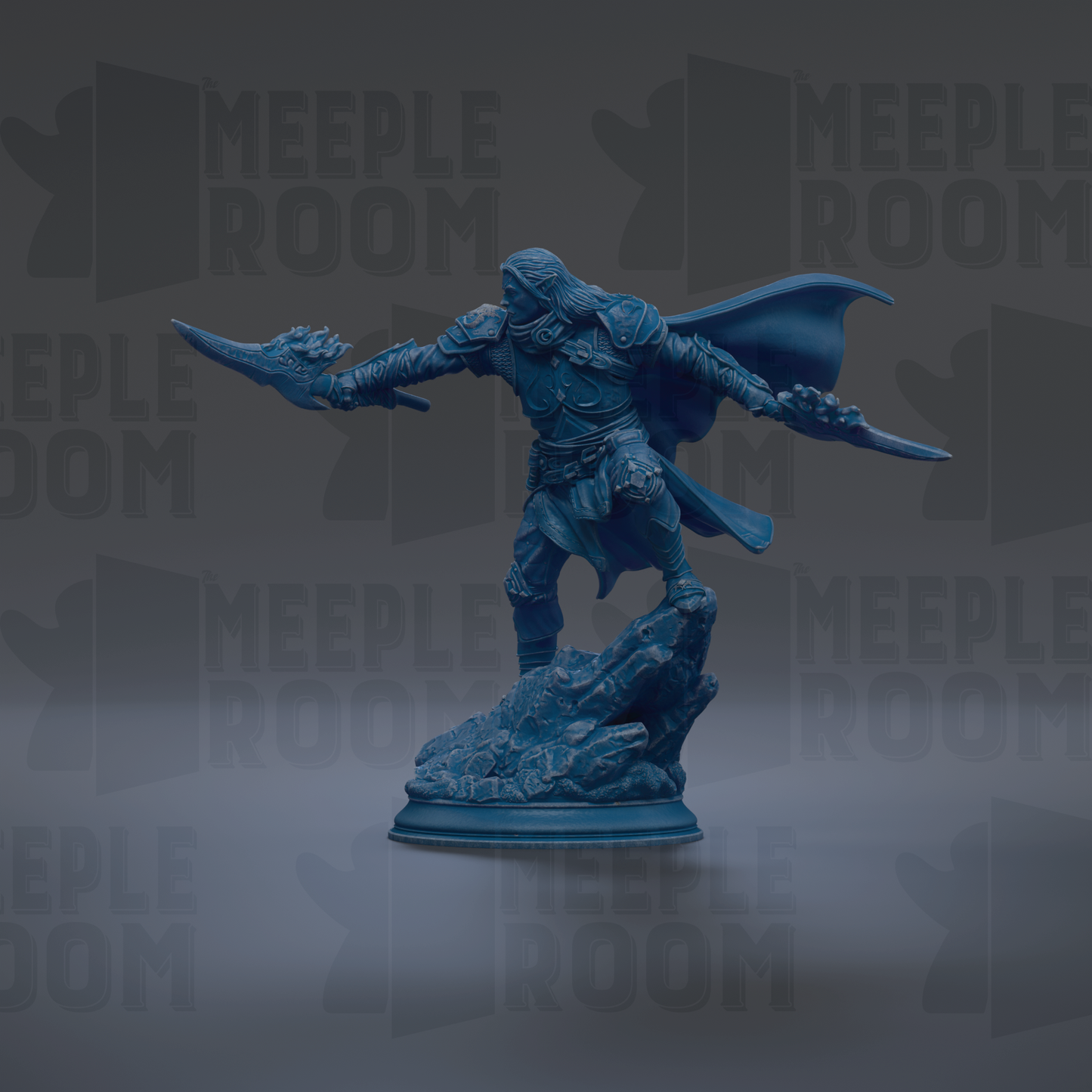 A blue figurine of a warrior standing on a rock, with a cape billowing behind him, against a dark background with repeated text.