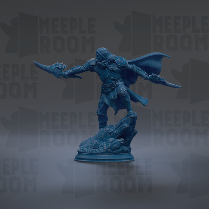 A blue figurine of a warrior standing on a rock, with a cape billowing behind him, against a dark background with repeated text.