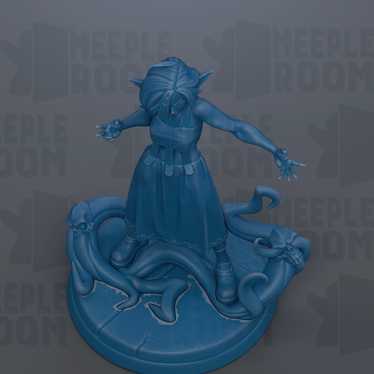 A blue figurine of a woman with a long dress and a headdress, standing on a platform with a snake and a dragon.